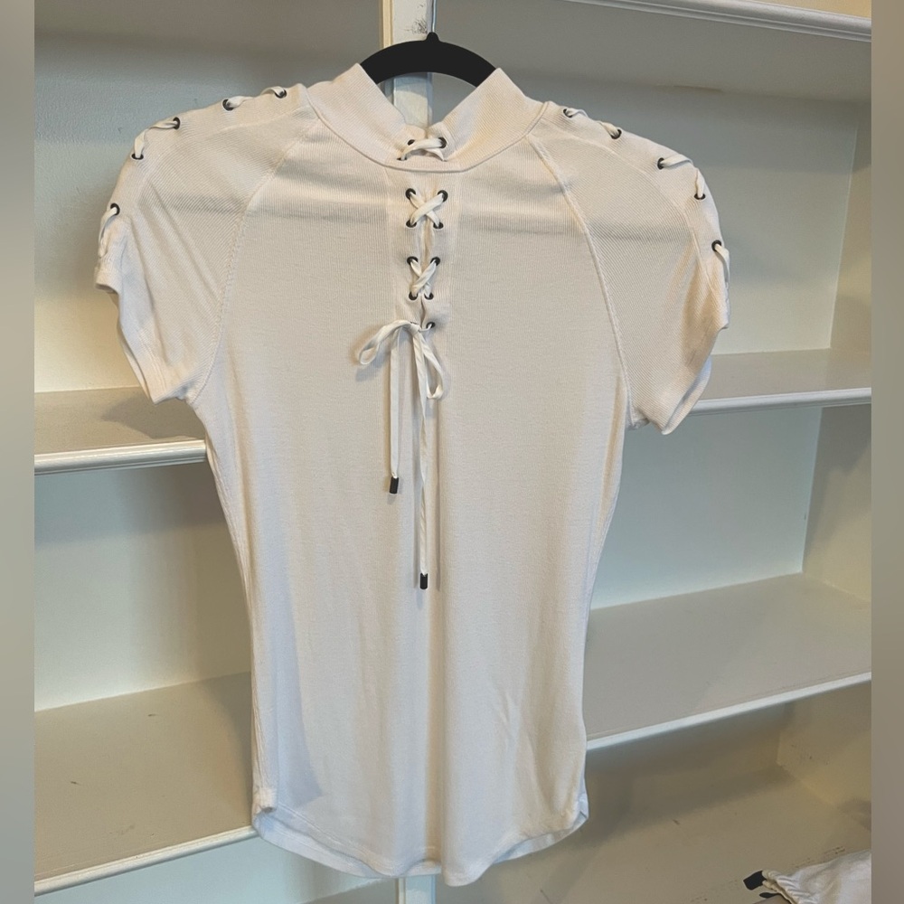 Free People White Lace Up High Neck Top T-shirt- L